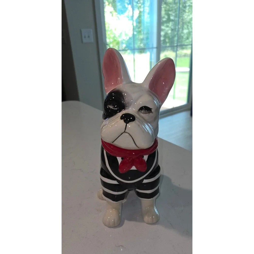 French Bulldog Ceramic Cookie Jar Treat Canister Black White Red Scarf 10